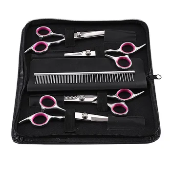 

7pcs/set Home Salon Cat Dog Styling Tool Hair Cutting Safe Shears Curved Professional Pet Grooming Scissor Set 6 Inch Thinning