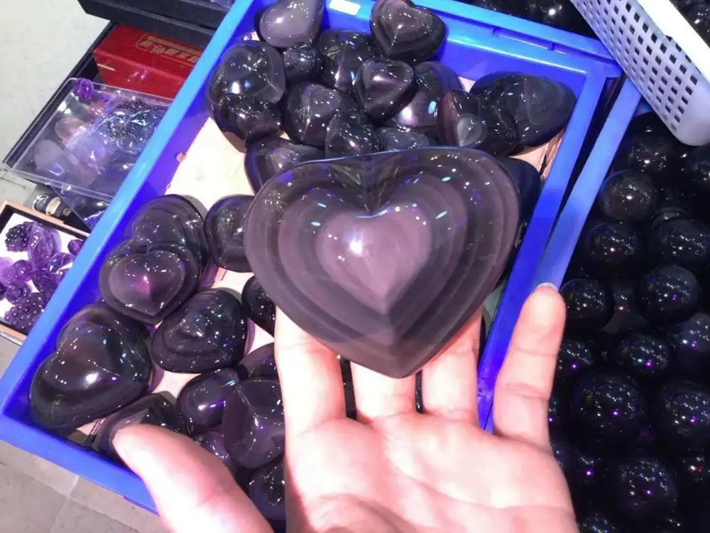 

Rainbow Natural Obsidian Cat Eyes Quartz Crystal Heart shaped Healing 120-140g