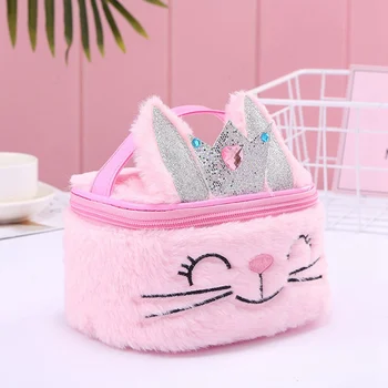 

Cartoon Animal Plush Makeup Bag Round Zipper Cosmetic Make Up Case Large Capacity Top-handle Bag Portable Cute Organizers Pouch
