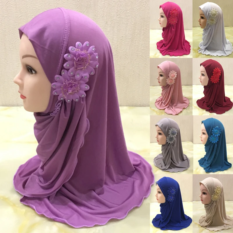 50cm beautiful small girl inner hijab scarf with flower net fit 2 7 years old muslim kids pull on islamic scarf shawls headwrap Beautiful Small Girl Hijab Scarf with Flowers Fit 2-7 Years Old Muslim Kids Pull On Islamic Scarf Shawl Headscarf Wholesale 50cm