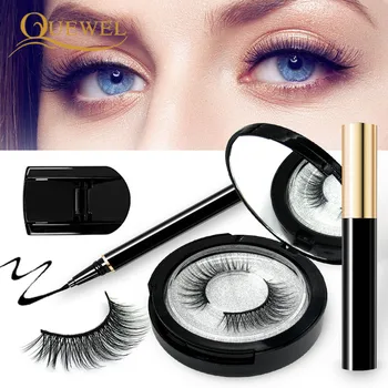 

Quewel False Eyelash Adhesive Eyeliner Set Natural Eyelashes Black Eye Liner And Mascara No Glue Easy To Wear 3D Lash Makeup