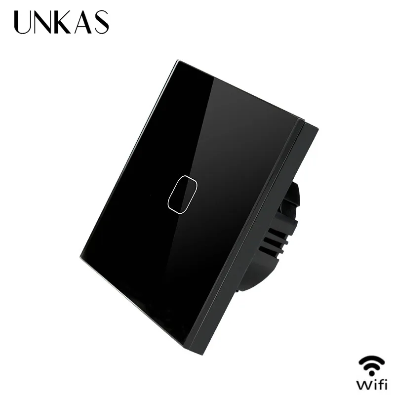WiFi Black 1 gang UNKAS ЕС/Великобритания wifi умный сенсорный выключатель приложение беспроводной пульт дистанционного света настенный выключатель Хрустальная стеклянная панель работает с Alexa/Google Home - Цвет: WiFi Black 1 gang