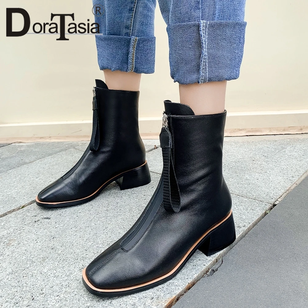 

DORATASIA Big Size 33-44 Brand Square Toe Zipper Booties Ladies Genuine Leather Ankle Boots Women 2019 Chunky Heel Shoes Woman