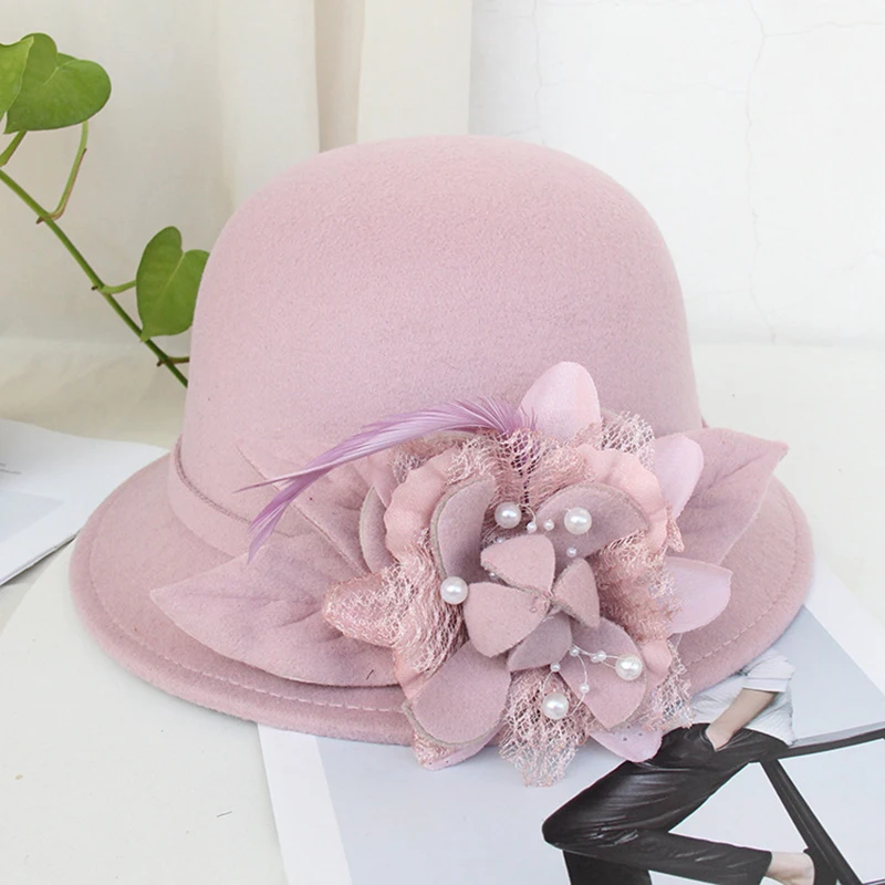 Женская шерстяная шляпа Fedoras с цветочным узором для девочек, шерстяная женская шапка для бассейна, милая Повседневная шерстяная шапка в рыбацком стиле, регулируемая шапка LM074