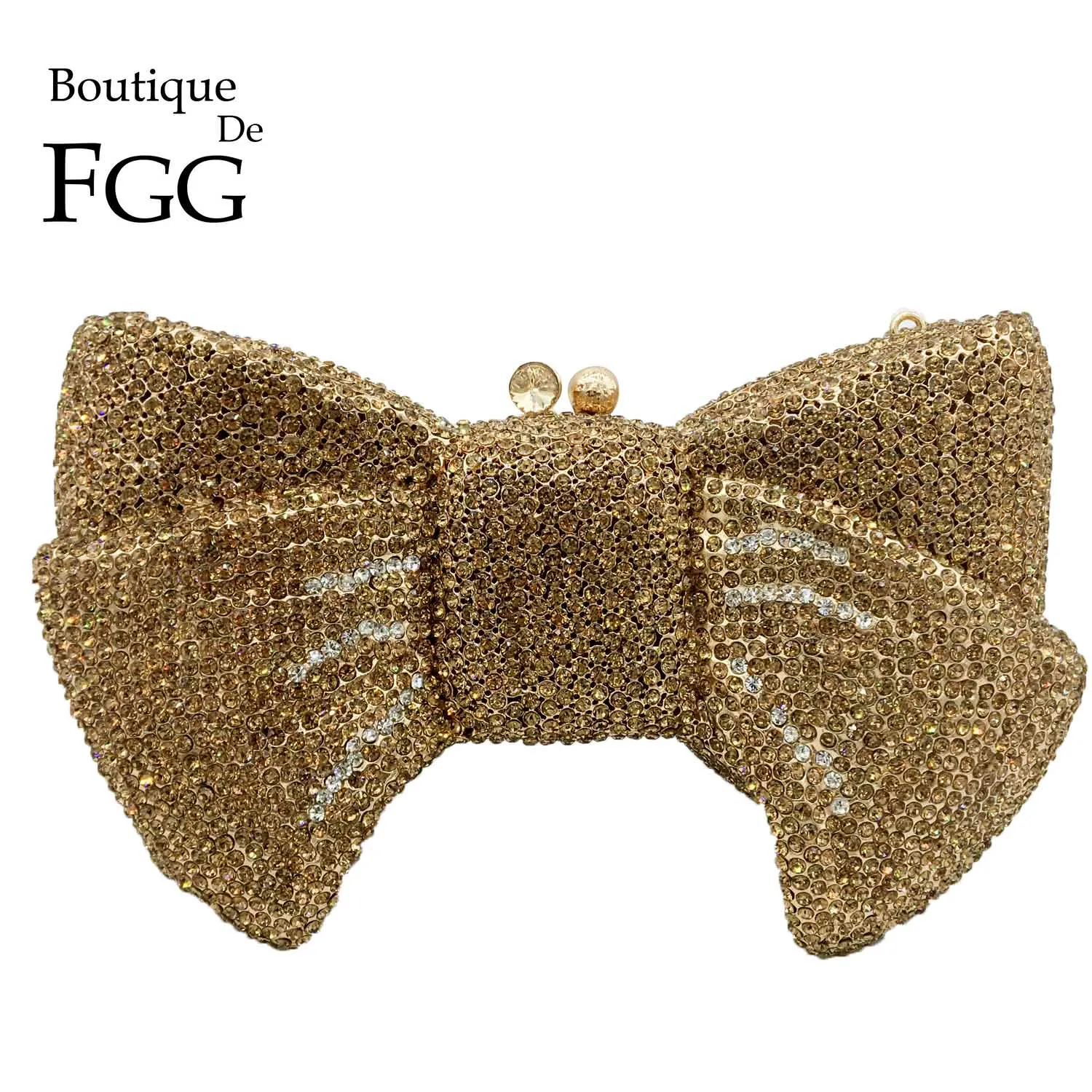 Boutique De FGG Novelty Women Bow Clutch Crystal Evening Bags Hard Case Metal Minaudiere Rhinestone Handbags Wedding Party Purse |