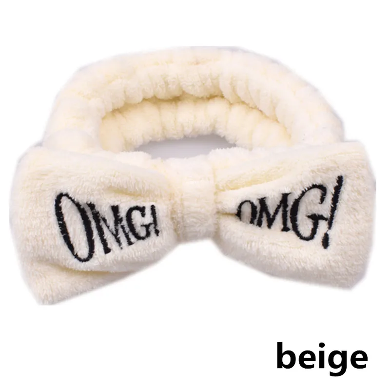 beige Новые OMG буквы кораллового флиса мыть лицо лук повязки для женщин повязки на голову для девочек головной убор-лента для волос аксессуары для волос в виде тюрбана - Цвет: beige