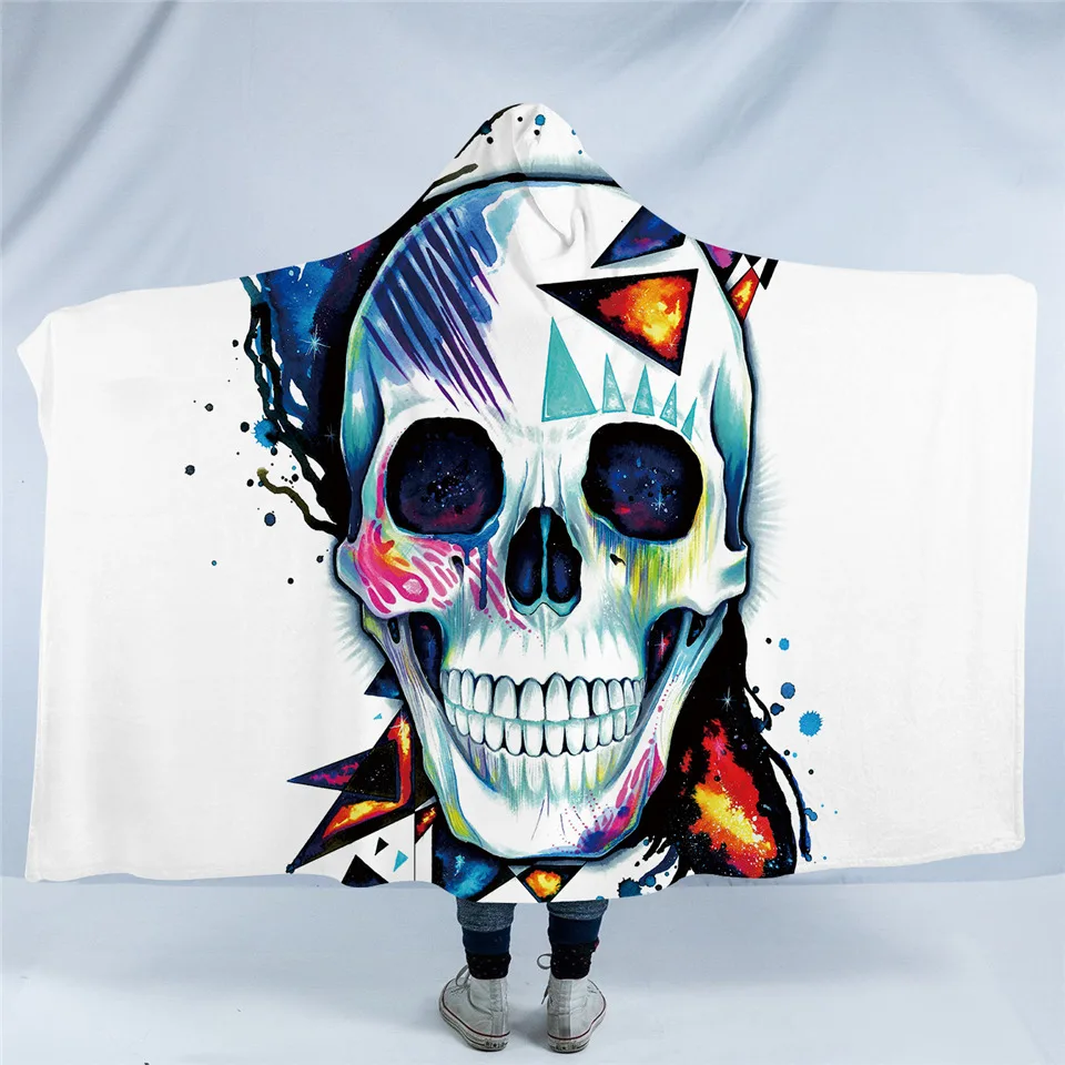Skull Одеяло с капюшоном Rainbow Fire by Pixie Cold Art, очаровательное одеяло с капюшоном для взрослых, шерпа, флисовое, пригодное для носки, акварельное одеяло, 150x200 см - Цвет: Skull