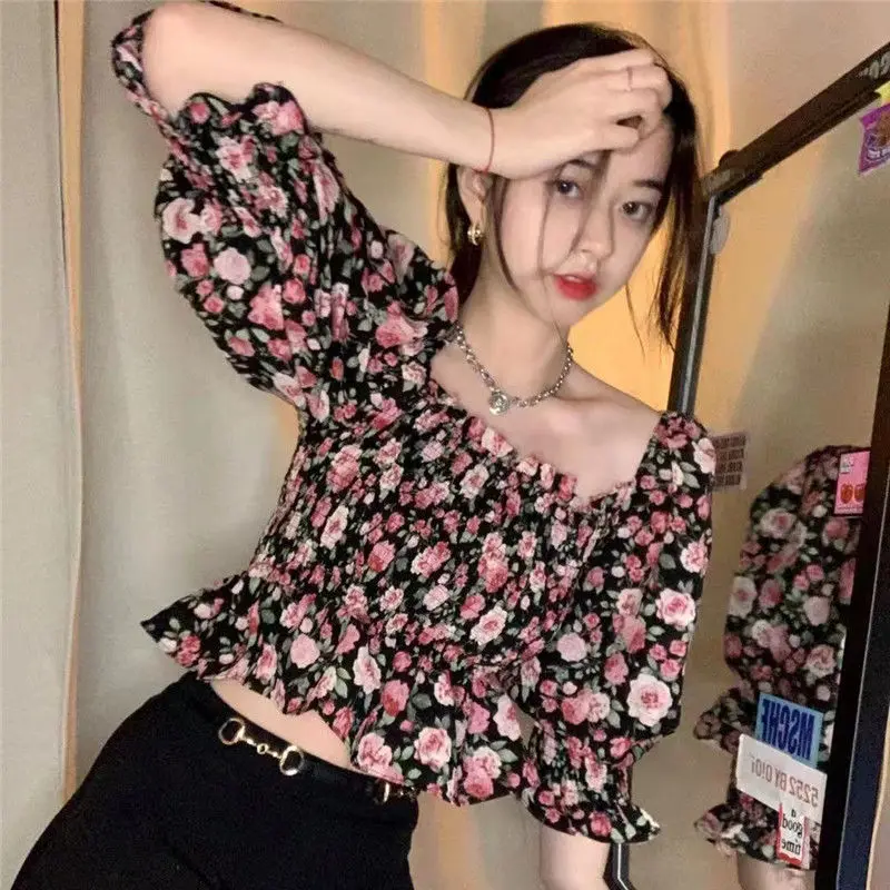 black floral chiffon blouse