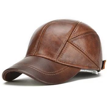 

New Fashion Genuine Leather Hat Men Warm Genuine Leather Baseball Cap Male Winter Outdoor Ear Protection Cap Leather Hat