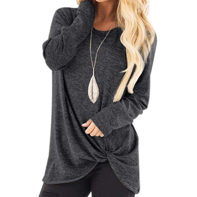 

2020 New Spring Women's Long Sleeve Crewneck Pullovers Solid Color Casual Tunics Tops Blouses Twisted for Winter