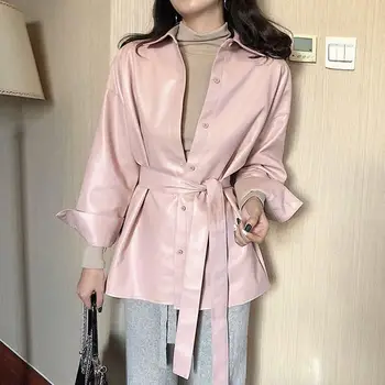 

2019 Autumn Motorcycle Pu Leather Jacket Women Sashes Leather Coat Belted Outwear Grunge Style Street Bomber Jackets