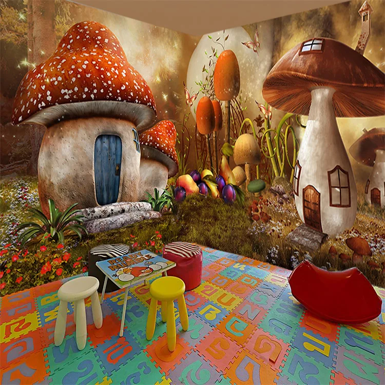 3D фоны для детской спальни с изображением лесной сказки грибного домика |