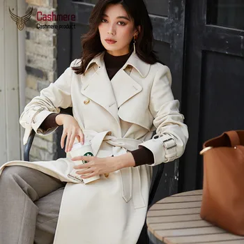 

Women's trench coat mid-length double-breasted trench coat women's autumn coat beige trench coat was temperament long coat