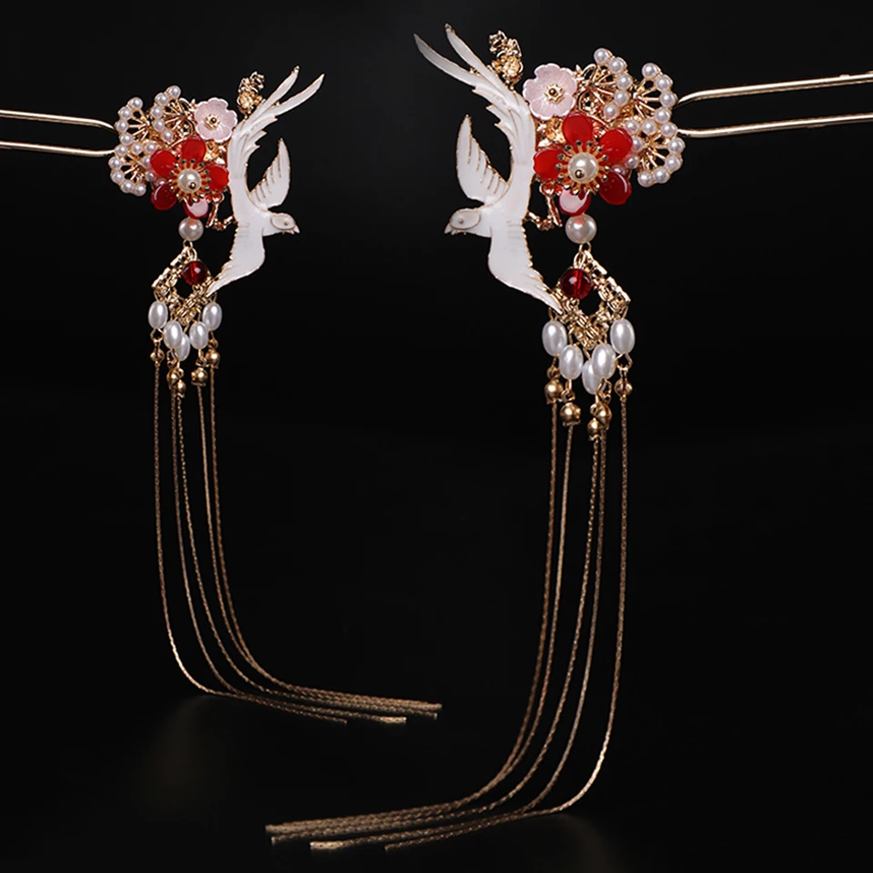 

Chinese Traditional Hair Accessories Handmade Hair Sticks Women Flower Crystal Long Metal Tassels Hairpin Hair Jewelry