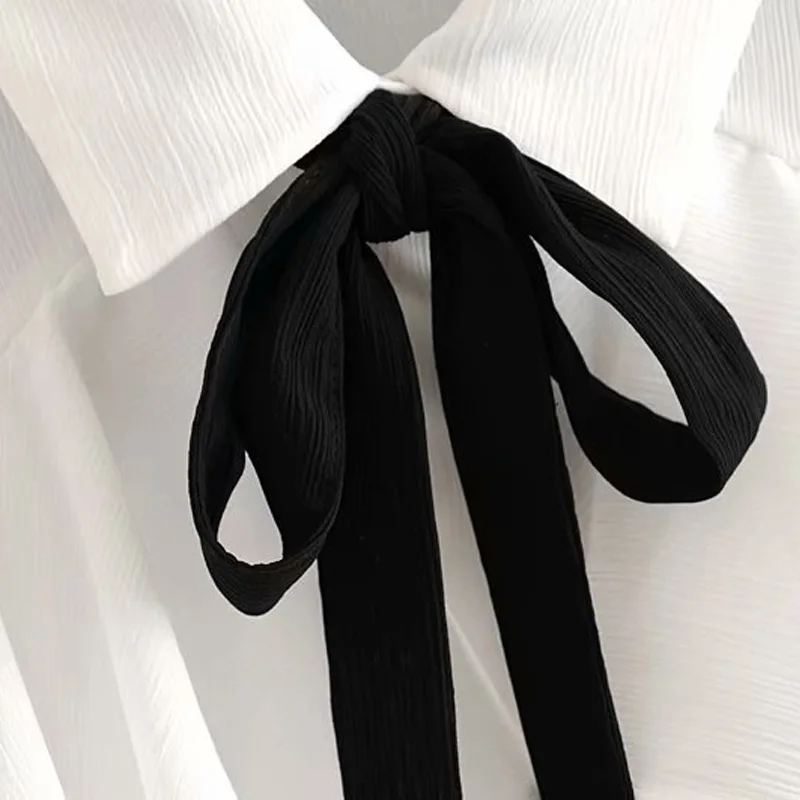 Осенняя женская рубашка белая Повседневная однотонная декорированная рубашка с бантом