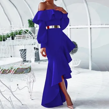 

Royal Blue Elegant Evening Dress African Long Sleeves Off The Shoulder Floor Length Wedding Party Formal Evening Dresses