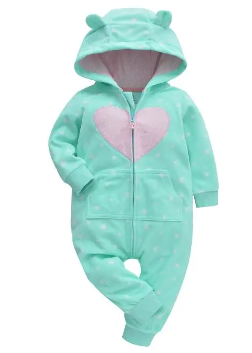 Зимняя одежда bebes, комбинезон для девочек, пижамы для младенцев, флисовый Детский комбинезон с капюшоном, детская одежда с рисунком лисы, теплая одежда для маленьких мальчиков - Цвет: Green hearts