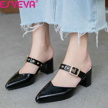 

ESVEVA 2020 Sexy Pointed Toe PU Leather Ladies Pumps Summer Square Heel Women Shoes Slingback Buckle Fashion Sandals Size 34-43
