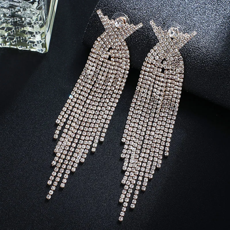 GKY653 gold white Модные свадебные серьги с кристаллами и кисточками для женщин массивные серьги многоцветные длинные серьги-подвески вечерние ювелирные изделия для выпускного вечера подарок - Окраска металла: GKY653 gold white