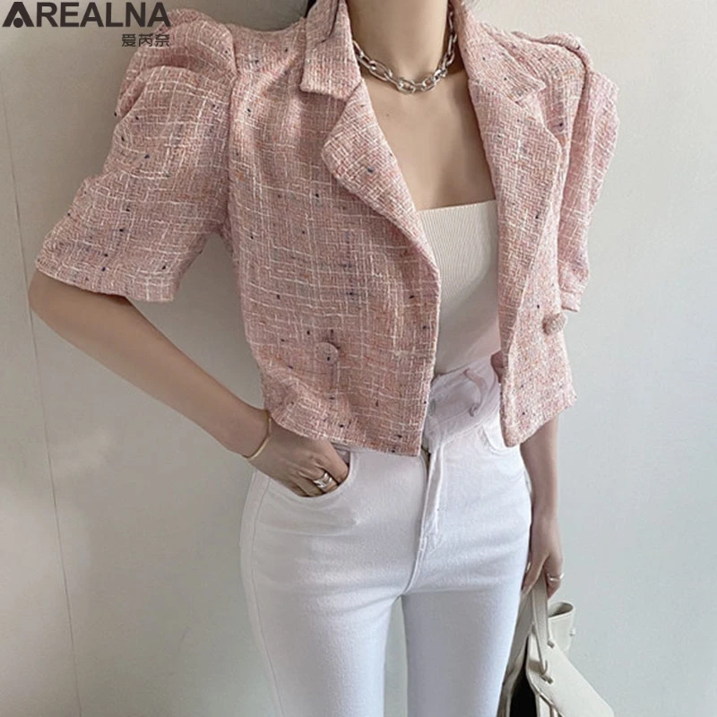 

Korean fashion tweed women short Jacket Women 2021 summer puff sleeve suit collar elegant jacket Female Fashion Jacket Woman Top