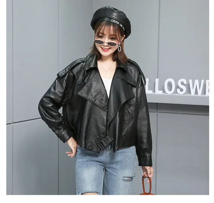 Genuine Leather Coat Highstreet Notched Neck Drop Shoulder Sheepskin Jacket Women Autumn Winter Casual Oversized Outwear Female