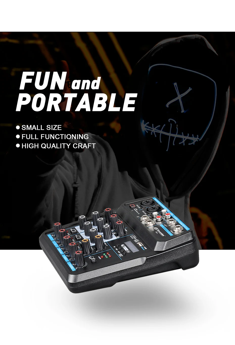 Debra  M-4/6 Protable Mini Mixer Audio DJ Console with Sound Card, USB, 48V Phantom Power for PC Recording Singing Webcast Party