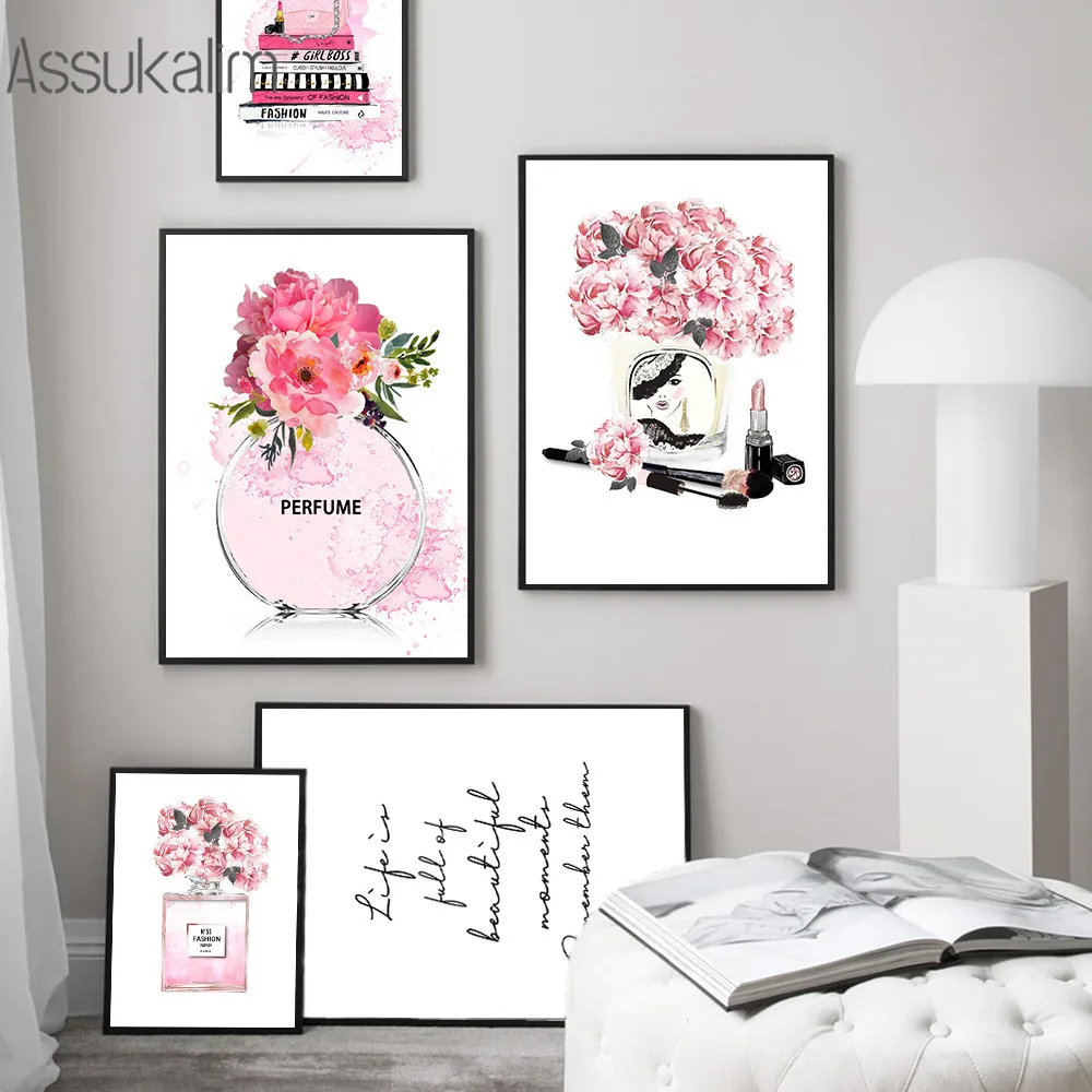 4pcs Fashion Women Canvas Wall Art Print Poster Set Unframed Wall Pictures  Paintings Perfume Makeup Modern Artwork Decor for Dressing Room Bedroom  Bathroom Home Girls Gift 8 x 10inch Pink 