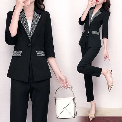 

2020 Spring Autumn Korean Black Suit Notched Womens Suits Blazer With Pants 2 Piece Sets Single Button Office Lady Business
