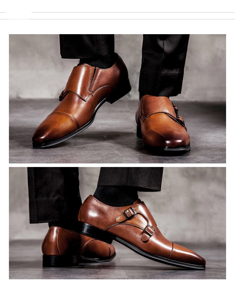 DESAI Leather Double Buckles Monk Shoes
