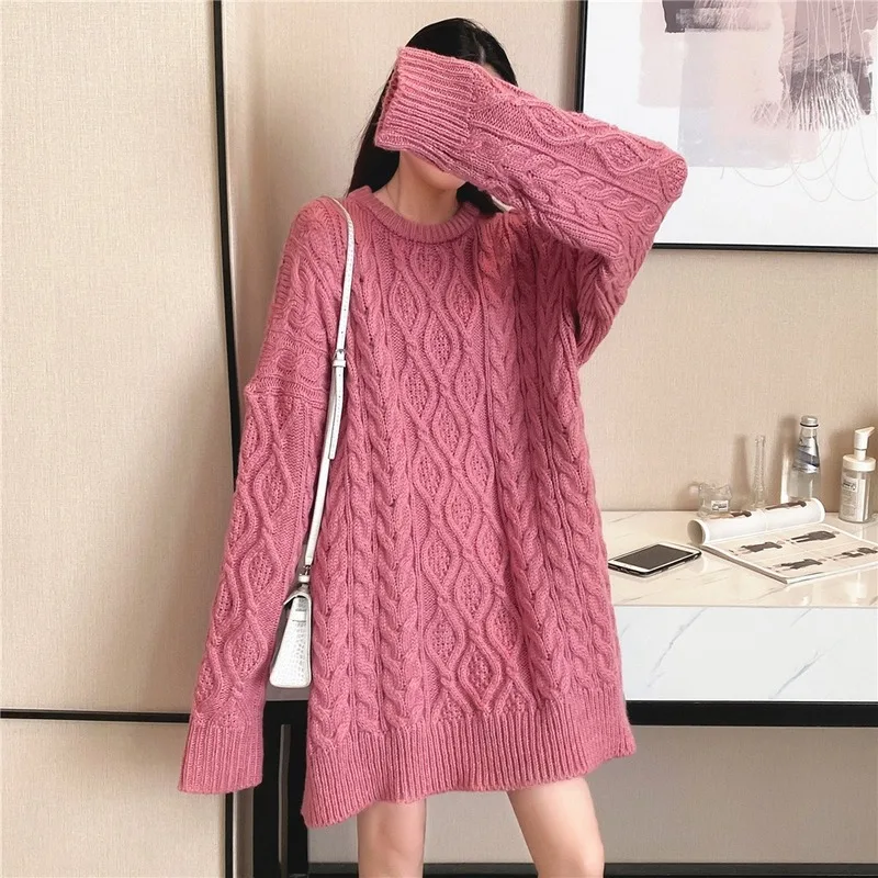 

Mid-length Twist Round Neck Pullover Knit Sweater Women Autumn and Winter Style Korean Loose Large Size Padded Jacket Outer Wear