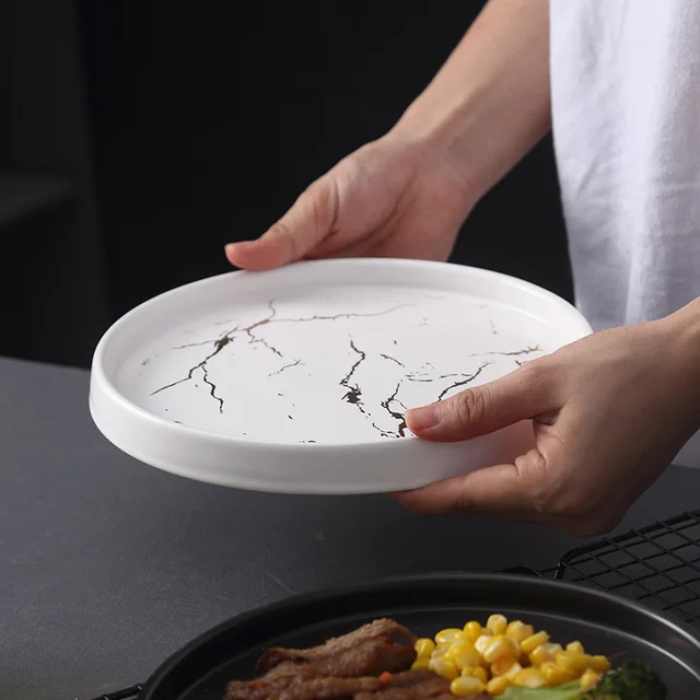 8 Hüvelykes Fő Kurzus Lemez Kerámia Edények Steak Márványminta Arany Pizza Tányéros Tányér - Image 4