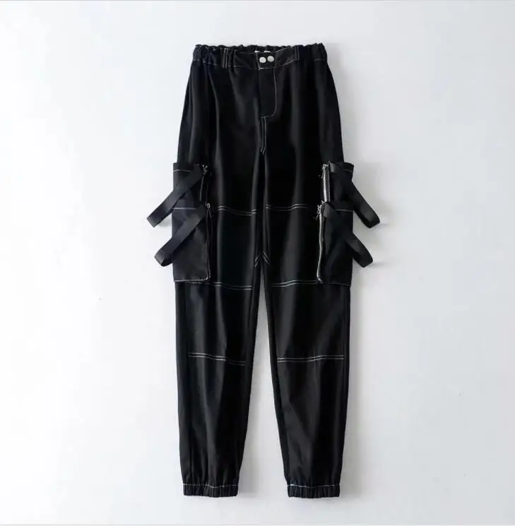 Женские с высокой талией плюс размер брюки с боковыми карманами повседневные брюки карго готика, Харадзюку женщина уличная - Color: Black