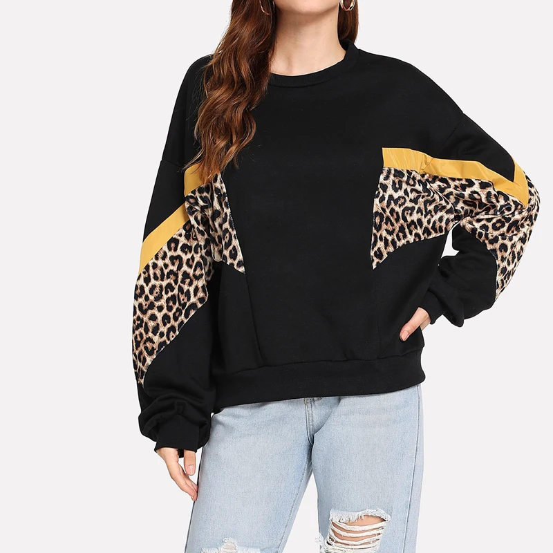 Women Hoodies Leopard Patchwork Ghotique Gothic Hoodie Loose Casual Stitching Pullovers Female Oversized Hoodie Sweatshirt Women