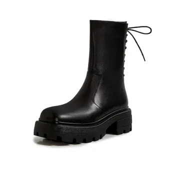 

2021 New Female Heels Women Motorcycle Boots Genuine Leather Chunky Platform Heels Shoes Woman Side Zipper Basic Ankle Boots