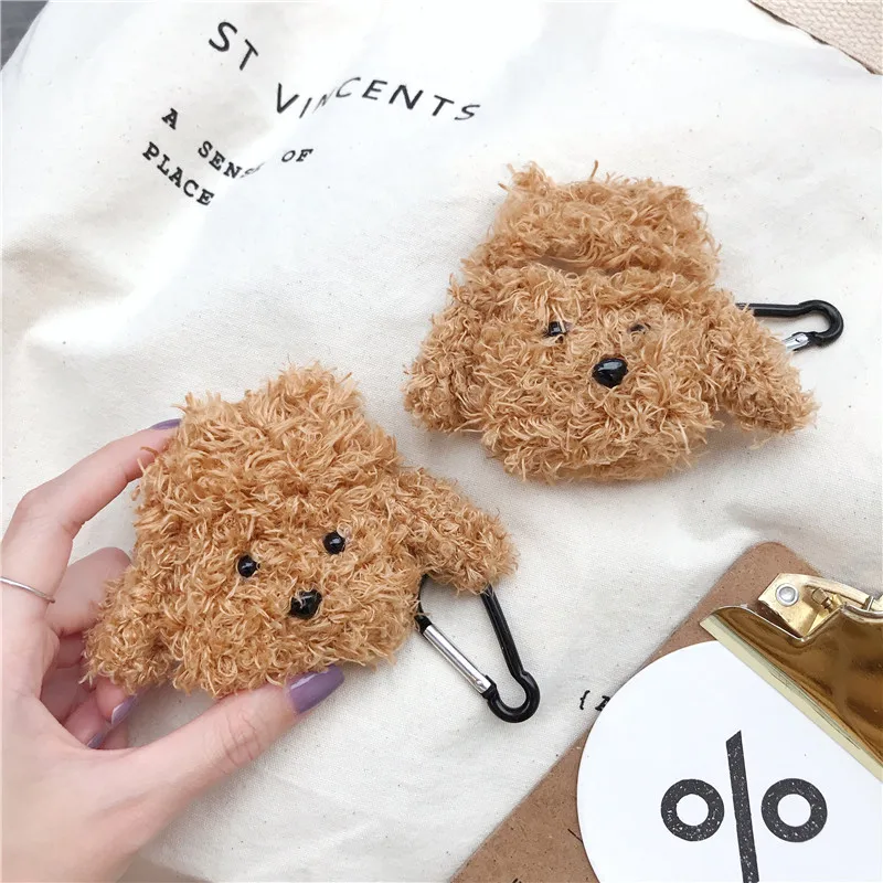 

Cute plush teddy Dog Case For Apple Airpods Cover Funny Cartoon Bluetooth Earphone Case For air pods 2 1 Silicone Fuzzy Funda