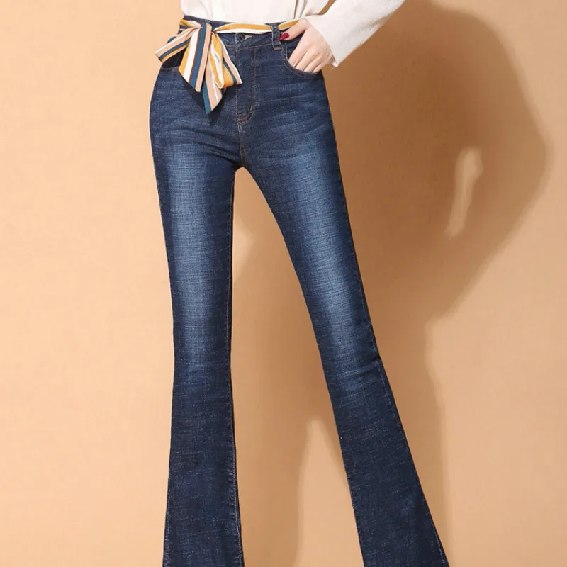 Высокая талия Дамы бойфренд расклешенные джинсы для женщин колокольчик низ женские черные джинсовые женские узкие джинсы Большие размеры джинсы для мам - Цвет: dark blue