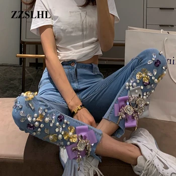

Jeans 2020 Spring Fashion Streetwear Ripped Tassel Jeans Women Denim Pants With Diamonds Slim