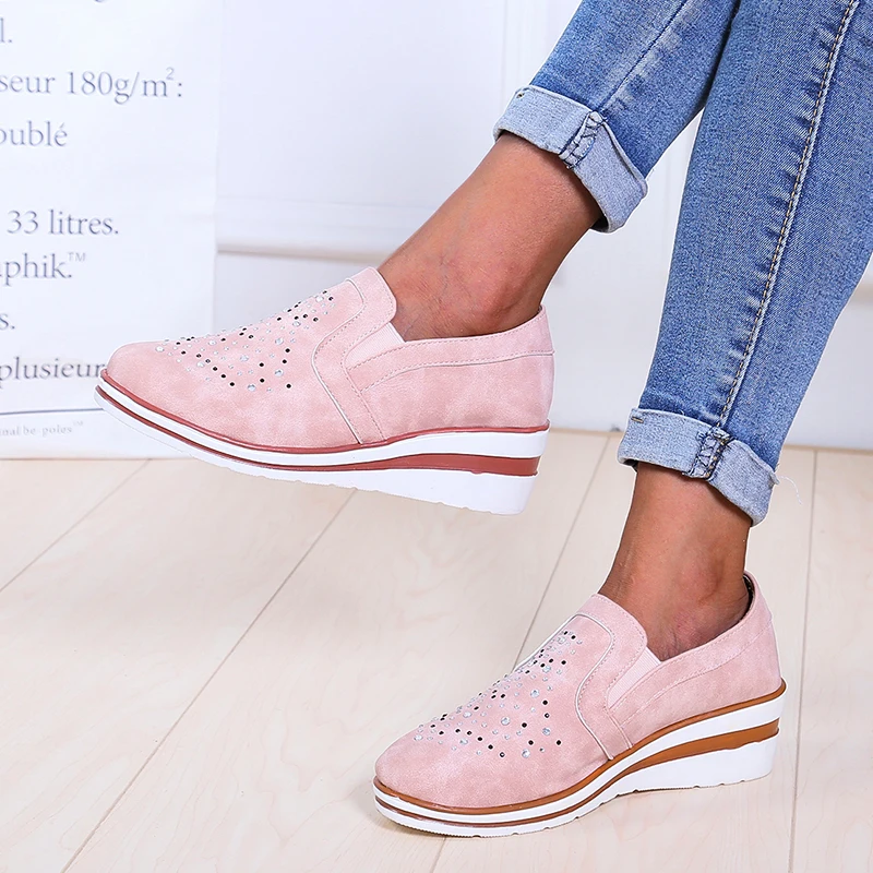 

Women's Ladies Ankle Shoes Flat Loafers Crystal Fashion Bling Casual Ladies Slip On Breathable Wedges platform Female Shoes