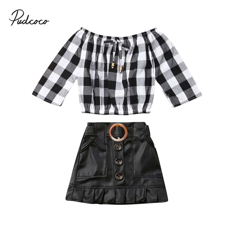 

2019 Brand Toddler Kid Baby Girl Clothes Outfits New Fashion Autumn Child Checked Off Shoulder Shirt Faux Leather Skirts Dress