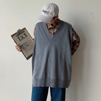 

V-neck Sweater Vest Men's Fashion Solid Color Casual Knit Pullover Men Streetwear Loose Sleeveless Sweater Male Sweter Clothes