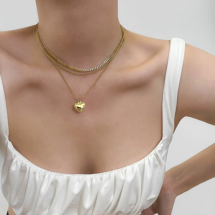 

Titanium With 18K Gold Snake Chain layered Heart Necklace Women Jewelry OL Designer T Show Runway Sweety Boho Japan Korean