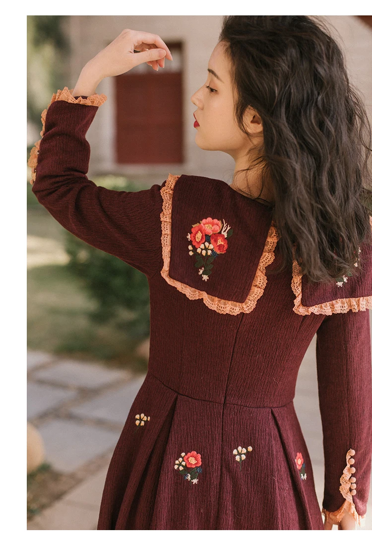 Высокое качество Весна Осень Мода Вышивка Цветы длинное вязаное платье женское кружевное с оборками сшивание матросский воротник вязаное платье