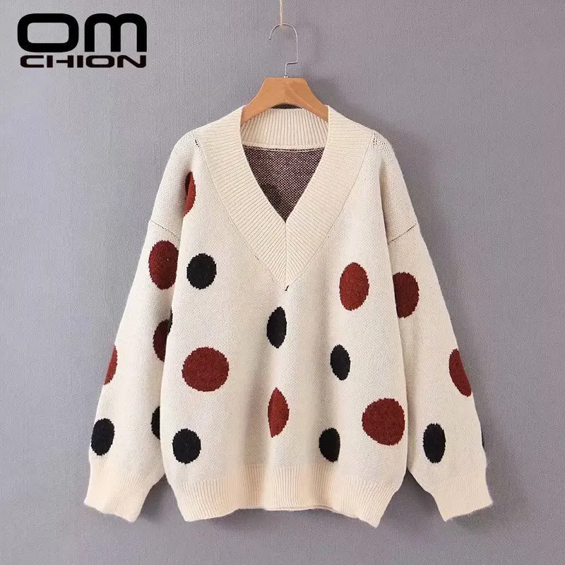 

OMCHION V Neck Sweater Women 2019 Autumn Winter Long Sleeve Korean Style Polka Dot Pullover Overszied Loose Pull Femme LMY222