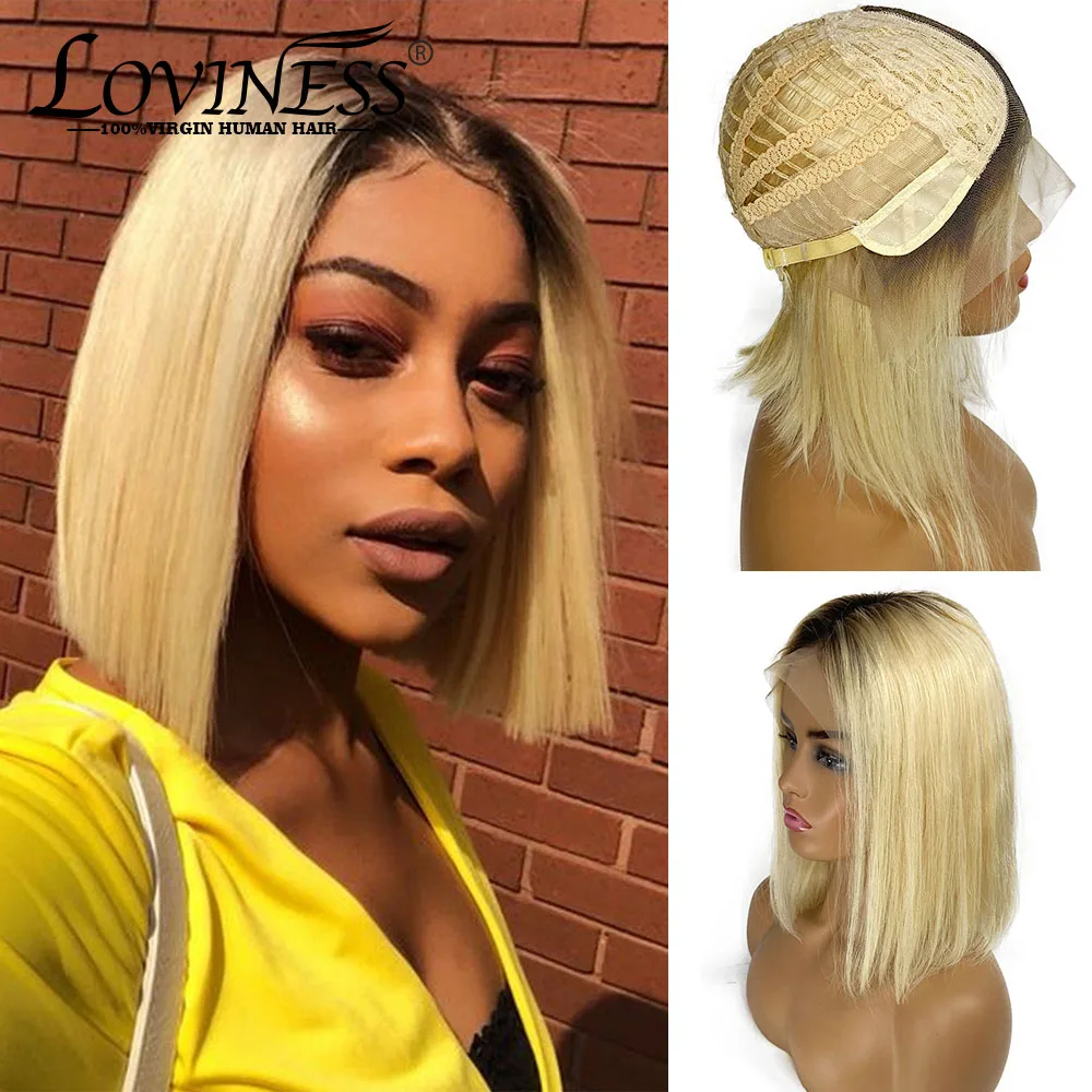 Ombre Blonde Bob Wig Straight Middle Part Lace Front Short Human Hair Wigs Brazilian Remy Pre Plucked Bleached Knots Bob Wig