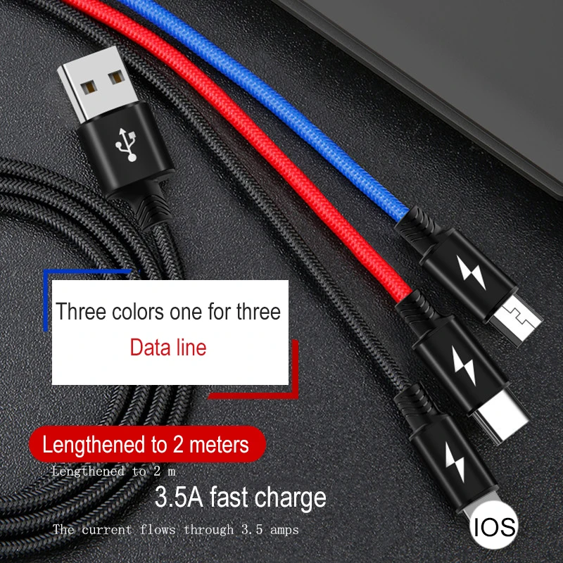 3 в 1 USB кабель для быстрой зарядки Micro 8 Pin usb type C универсальный 2 м/1,2 м кабели для мобильных телефонов для iPhone samsung Xiaomi шнур