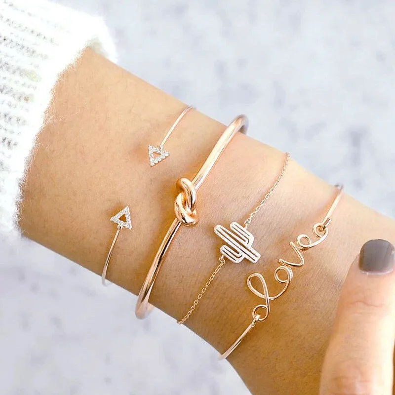 

4Pcs/Set Bohemia Gold Triangle Knot Love Cactus Opening Bangle Chain Bracelet for Women Gold Bracelets Female Jewelry