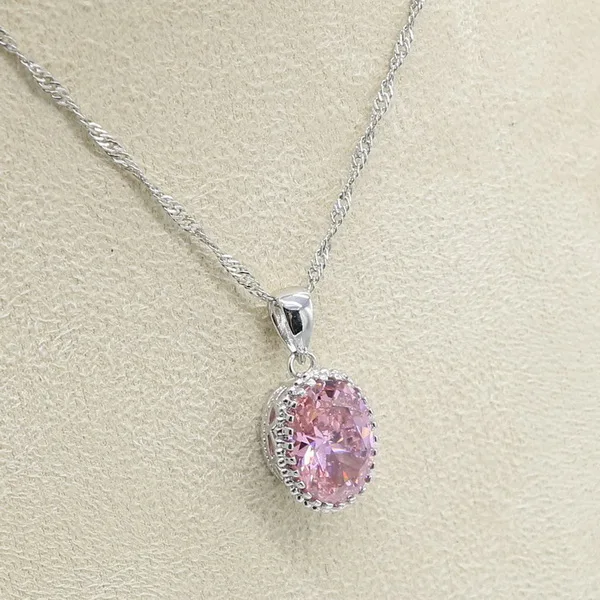 Овальный розовый циркон 925 пробы серебра набор украшений для женщин с браслет, серьги, ожерелье кулон подарок для свадьбы дня рождения - Окраска металла: Necklace Pendant