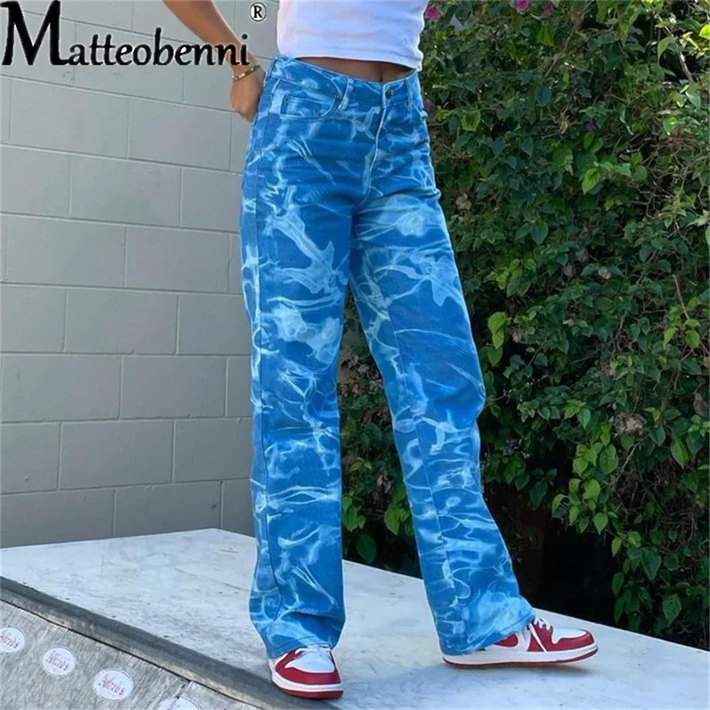 2021 Women's Jeans Sea Water Pattern Tie-Dye Printed Green Straight Pants High Waist Wide Fitting Harajuku Denim Trousers Female