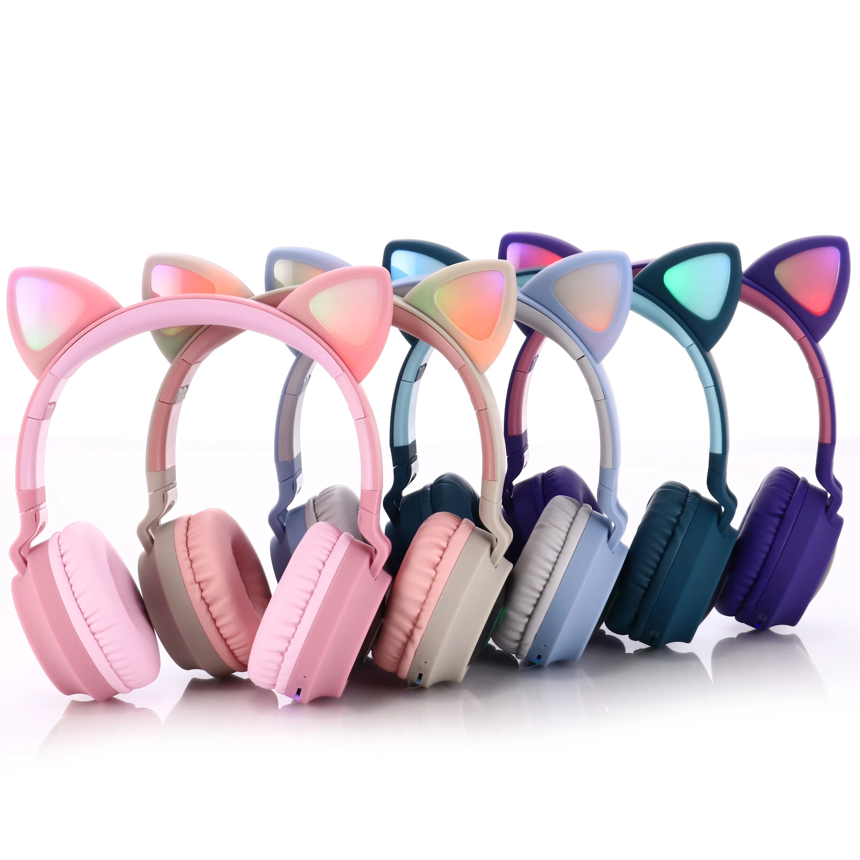 Auriculares inalámbricos con orejas de gato y Bluetooth, con micrófono, casco de música estéreo para chico y Chica, plegables, LED