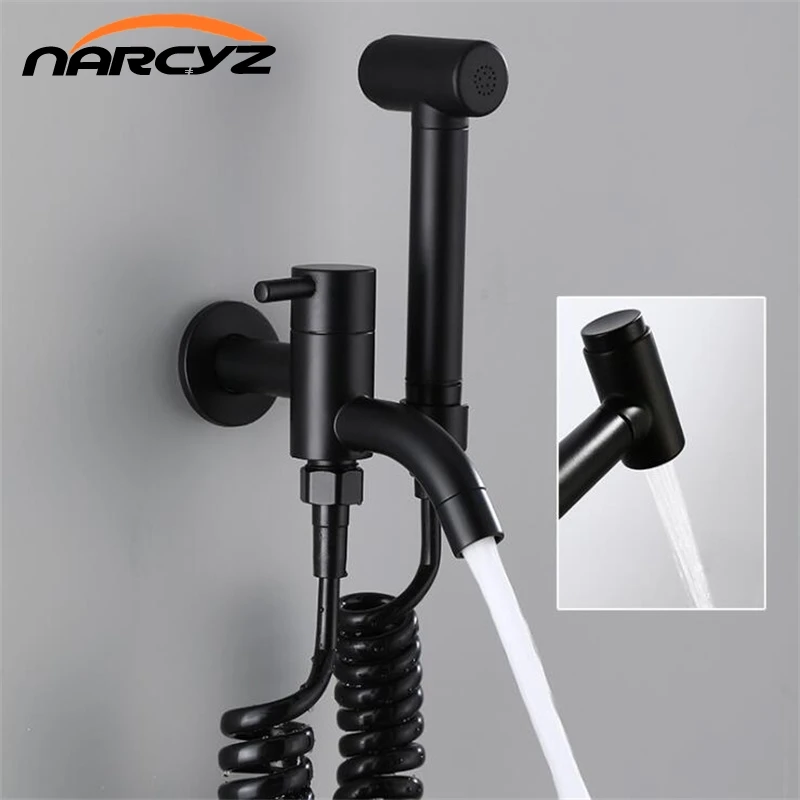 Black single cold faucet with spray gun for household balcony mop pool  flush toilet faucet  one in and two out SZ 1080